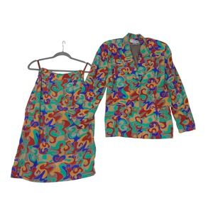Frenchic Vintage Silk Abstract Swirl Multicolor Top & Midi Skirt Womens Medium